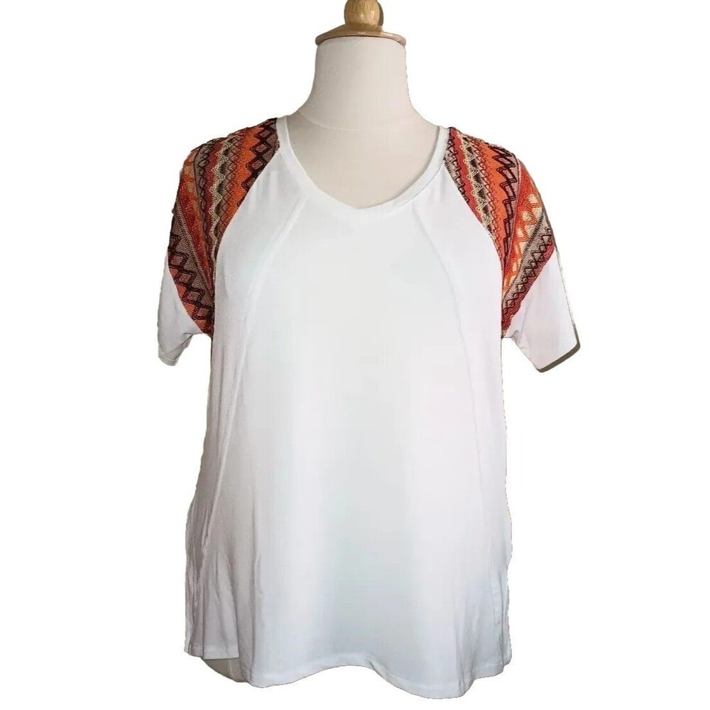 NWT CATO Womens XL Boho Zig-Zag Embroidery V-Neck Short Sleeve Top Multicolor